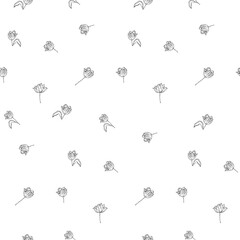 Fototapeta na wymiar Spring tulips flower, simply black and white seamless pattern for textile vector background