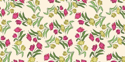 Spring yellow and red tulips flower, seamless pattern for textile vector background