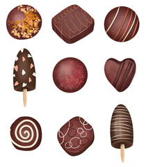 Set of chocolate candies, isolated illustration on white background, chocolate desserts clipart