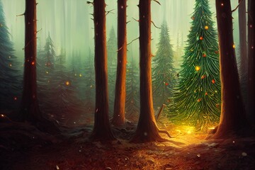 Forest with a Christmas tree concept art illustration