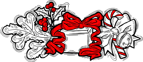 Christmas and New Year present, xmas gift. Decorative elements design composition for poster print, party celebration invitation, sale promotion banner. Hand drawn cartoon style illustration.