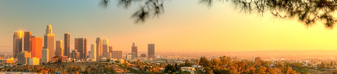 Panoramic shot of the Los Angeles skyline during the golden hour