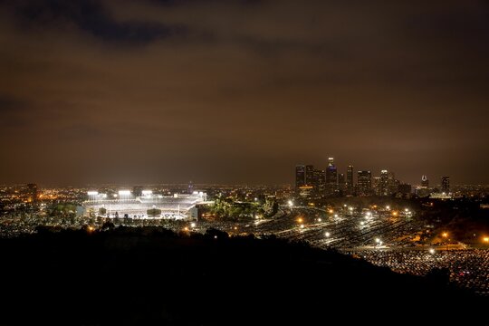 Night shot of the Dodger Stadium in Los Angeles with decorative lights