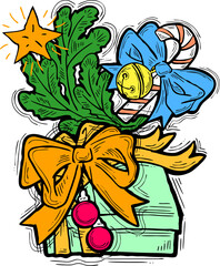 Christmas and New Year present, xmas gift. Decorative elements design composition for poster print, party celebration invitation, sale promotion banner. Hand drawn cartoon style illustration.
