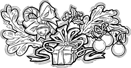 Christmas and New Year present, xmas gift. Decorative elements design composition for poster print, party celebration invitation, sale promotion banner. Hand drawn cartoon style illustration.