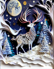 Beautiful Christmas Background with a Reindeer in a Snow Covered Pine Trees Forest, Snowflakes, Full Moon and Glowing Stars.