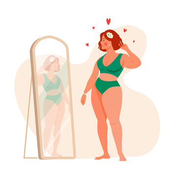 Happy body positive concept. Happy beautiful woman smiling at her mirror image. Concept of self love and acceptance. A person with a healthy self-image. Colored flat vector illustration isolated on wh