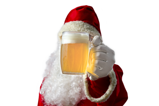 Santa Claus with a mug of beer. Transparent background and selective focus.