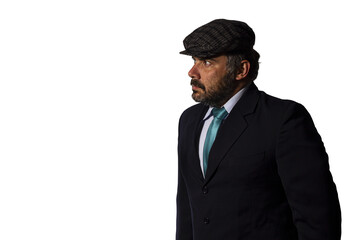 Businessman looking aside wearing a suit and a flat cap	
