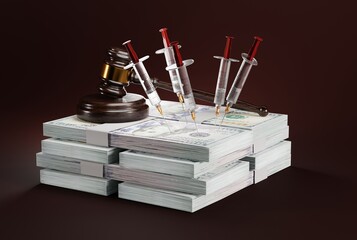 The Judge's gavel on bundles of banknotes and syringes stuck in money. The concept of medical...