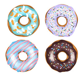 Set of colored round glazed donuts, hand drawn isolated illustration on white background, watercolor donuts clipart