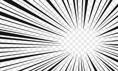 Manga emphasis effect template on transparent background. Radial black lines. Cartoon or comic design of boom, bright, splash, explosion, scream, burst scene