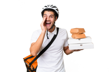 Young caucasian man with thermal backpack over isolated background shouting with mouth wide open