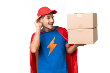 Super Hero delivery man over isolated background listening to something by putting hand on the ear