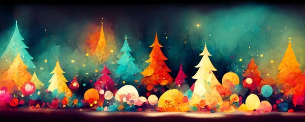 beautiful and colorful illustration of a winter forest at christmas time for a greetings card background