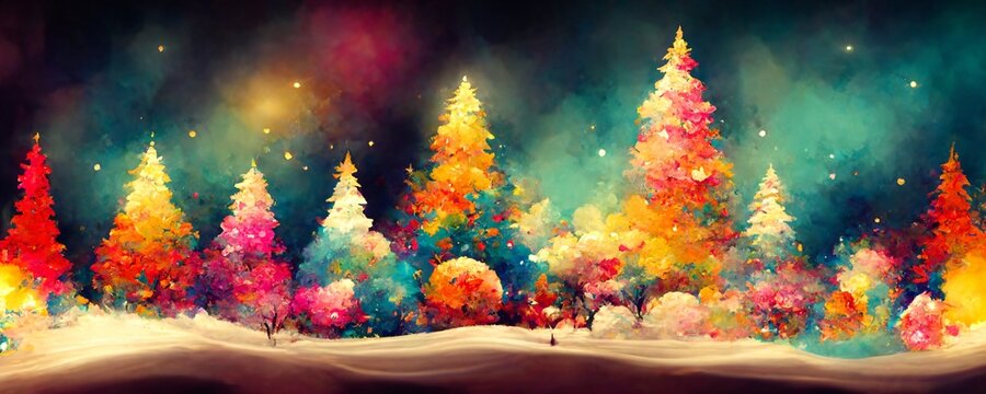 beautiful and colorful illustration of a winter forest at christmas time for a greetings card background