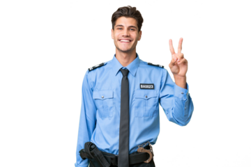 Young police man over isolated background smiling and showing victory sign