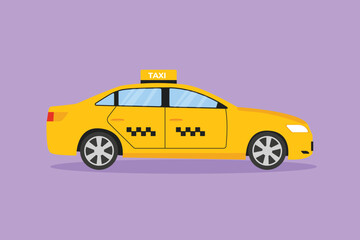 Cartoon flat style drawing newest modern taxi car uses a meter, GPS, and can be ordered online. Technological advances in transportation. Vehicle in urban lifestyle. Graphic design vector illustration