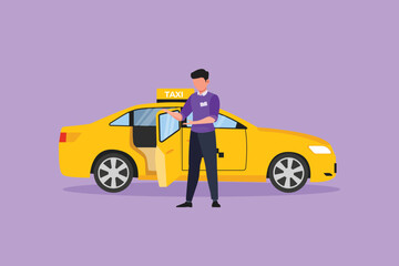 Graphic flat design drawing male taxi drivers are inviting prospective passengers to get inside and deliver them to their destination. Modern transportation in urban. Cartoon style vector illustration - obrazy, fototapety, plakaty
