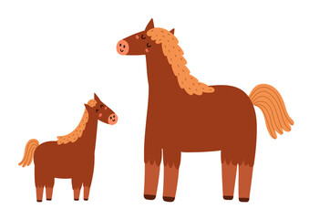 Mother horse with her baby foal. Cute mom and her child animal characters. Mother Day print for kids. Vector illustration