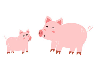 Mother pig with her baby piglet. Cute farm animal characters - mom and her child. Mother Day print for kids. Vector illustration