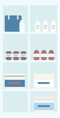 Medical products storage semi flat color raster object. Organizing drugs, containers. Full sized item on white. Pharmacy shelves simple cartoon style illustration for web graphic design and animation