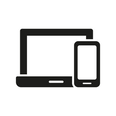 Mobile Phone and Computer Glyph Symbol. Smartphone and Laptop Silhouette Icon. Smart Devises Pictogram. Electronic Digital Technology, Cellphone, PC Display. Isolated Vector Illustration