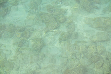 Obraz na płótnie Canvas wallpaper texture of transparent ocean water with rocks beneath