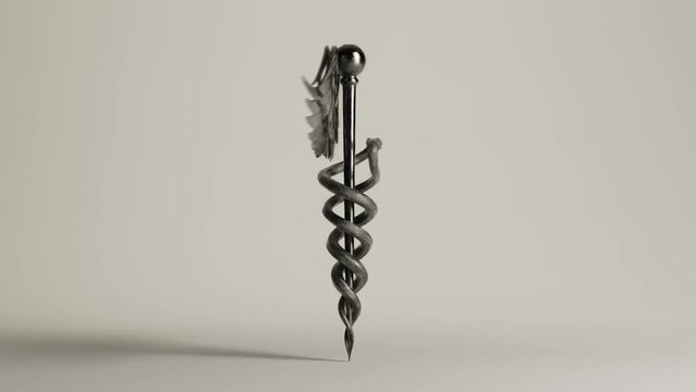 A silver caduceus symbol with wings and snakes rotating seamlessly on an isolated studio background 