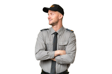 Young security caucasian man over isolated background happy and smiling