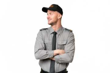 Young security caucasian man over isolated background happy and smiling