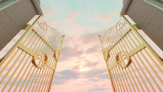 A concept depicting a slow walk towards the opening golden majestic pearly gates of heaven backlit by an ethereal light and sky background