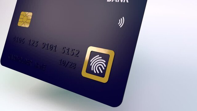 Biometric bank payment card - Credit card with fingerprint chip technology flying in air. 3d render animation