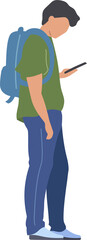 Fototapeta premium Dark haired young man searching info on mobile device semi flat color raster character. Posing figure. Full body person on white. Simple cartoon style illustration for web graphic design and animation
