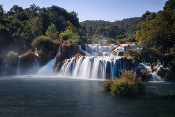 Cascade waterfalls in Krka National park in Croatia in summer. Croatia. Krka. Summer.