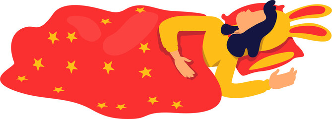 Little girl sleeping under star throw blanket semi flat color raster character. Lying figure. Full body person on white. Simple cartoon style illustration for web graphic design and animation