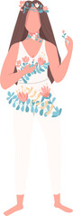 Young lady surrounded by spring flowers semi flat color raster character. Standing figure. Full body person on white. Simple cartoon style illustration for web graphic design and animation