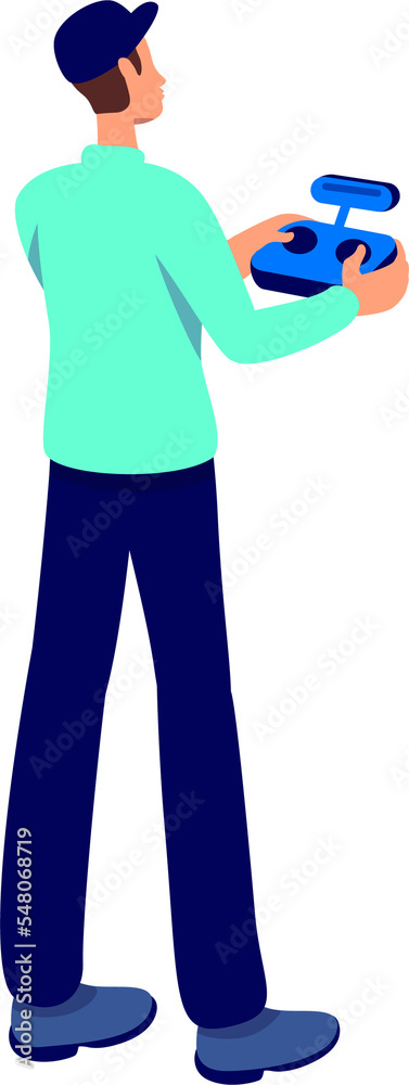Poster man using using remote control for drone semi flat color raster character. standing figure. full bod