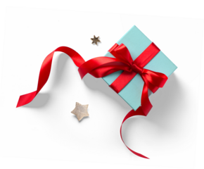 Isolated Christmas gift box with a red bow and Christmas decoration on a white background; design element on transparent background