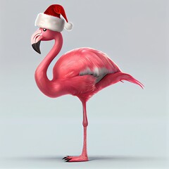 Christmas flamingo in red Christmas hat on isolated background