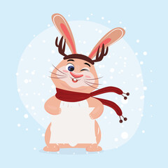 Cute bunny holding a blank paper in the snow. Winter illustration with a adorable bunny. For cards, advertisements, posters, invitations, wishes. Cute winter character design in flat cartoon style.