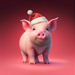 Christmas pig in red Christmas hat on red isolated background