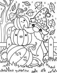 Gnome with pumpkins. Coloring book for children. Gnome coloring book. Black and white vector illustration.