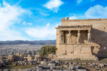 Beautiful view of the Acropolis and Erechtheion in Athens, Greece