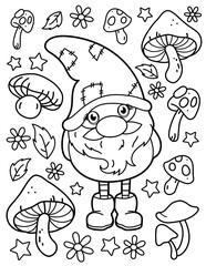 Cute gnome with mushrooms. Coloring book for children. Gnome coloring book. Black and white vector illustration.