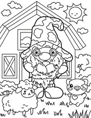 Gnome with pigs on the farm. Coloring book for children. Gnome coloring book. Black and white vector illustration.