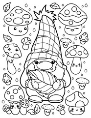 Cute gnome with mushrooms. Coloring book for children. Gnome coloring book. Black and white vector illustration.