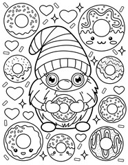 Dwarf with donuts. Coloring book for children. Gnome coloring book. Black and white vector illustration.