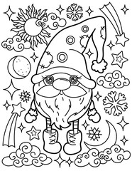 Gnome and natural objects: sun moon clouds stars. Coloring book for children. Gnome coloring book. Black and white vector illustration.