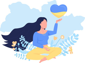 Peace in Ukraine 2D raster isolated illustration. Stop war and aggression in Ukraine flat character on cartoon background. Lady giving hope colourful scene for mobile, website, presentation